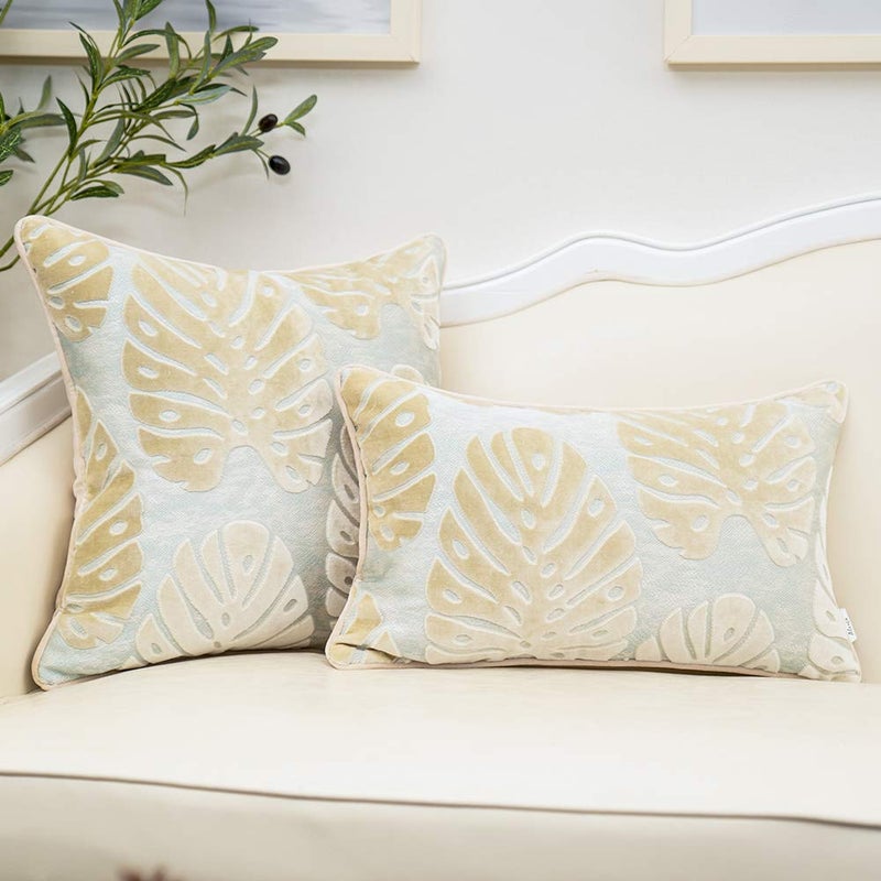 Alerfa 12 x 20 Inch Rectangle Leaf Pillow Embroidery Cut Velvet Cushion Case Luxury Modern Lumbar Throw Pillow Cover Decorative Pillow for Couch Sofa Living Room Bedroom Car, Beige - Image 4